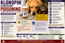 Klonopin and clonazepam prescription medication beside a warning that accidental ingestion can poison dogs, cats, and other pets.