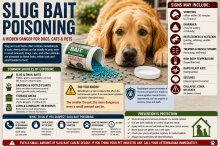 Slug and snail bait pellets and granules representing metaldehyde, iron-based, and carbamate molluscicide hazards to pets.