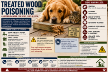 Dog near pressure-treated lumber, sawdust, and a treated-wood warning sign.
