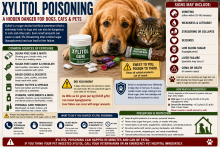 Xylitol-containing sugar-free products beside a warning that xylitol can cause hypoglycemia and liver failure in dogs.