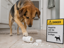 Dog approaching an open aspirin bottle with spilled tablets beside a warning sign stating that aspirin can be poisonous to dogs.